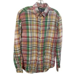 Ralph Lauren Classic Fit Madras multi color Plaid Shirt  sz S linen blend preppy